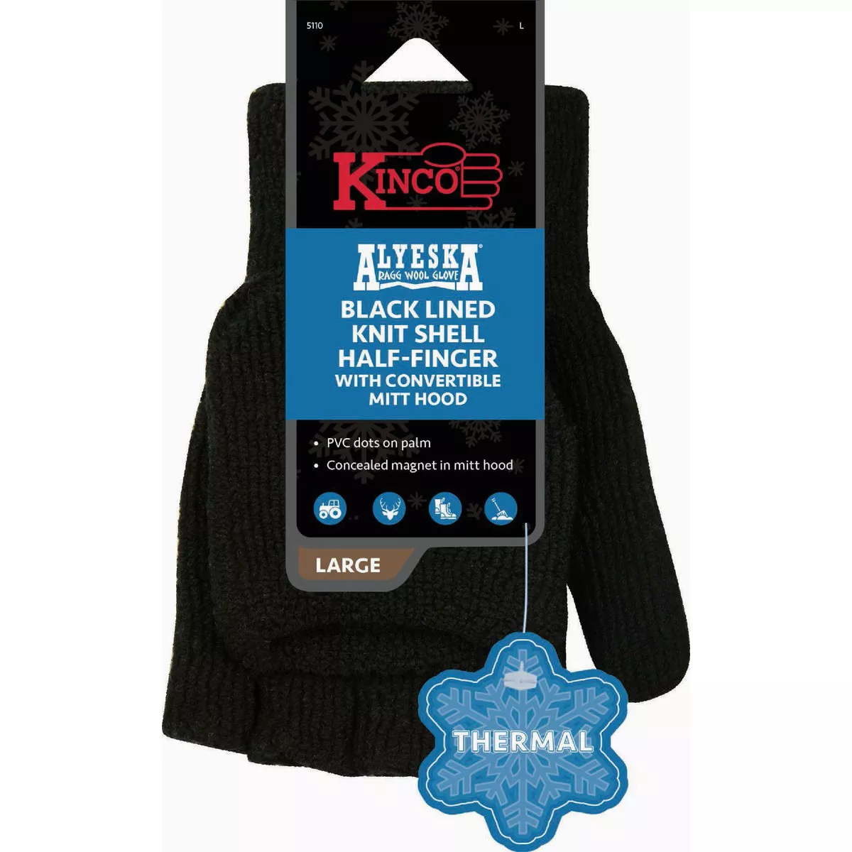 Kinco Alyeska Men's Large Black Lined Knit Shell Half-Finger with Convertible Mitt Hood