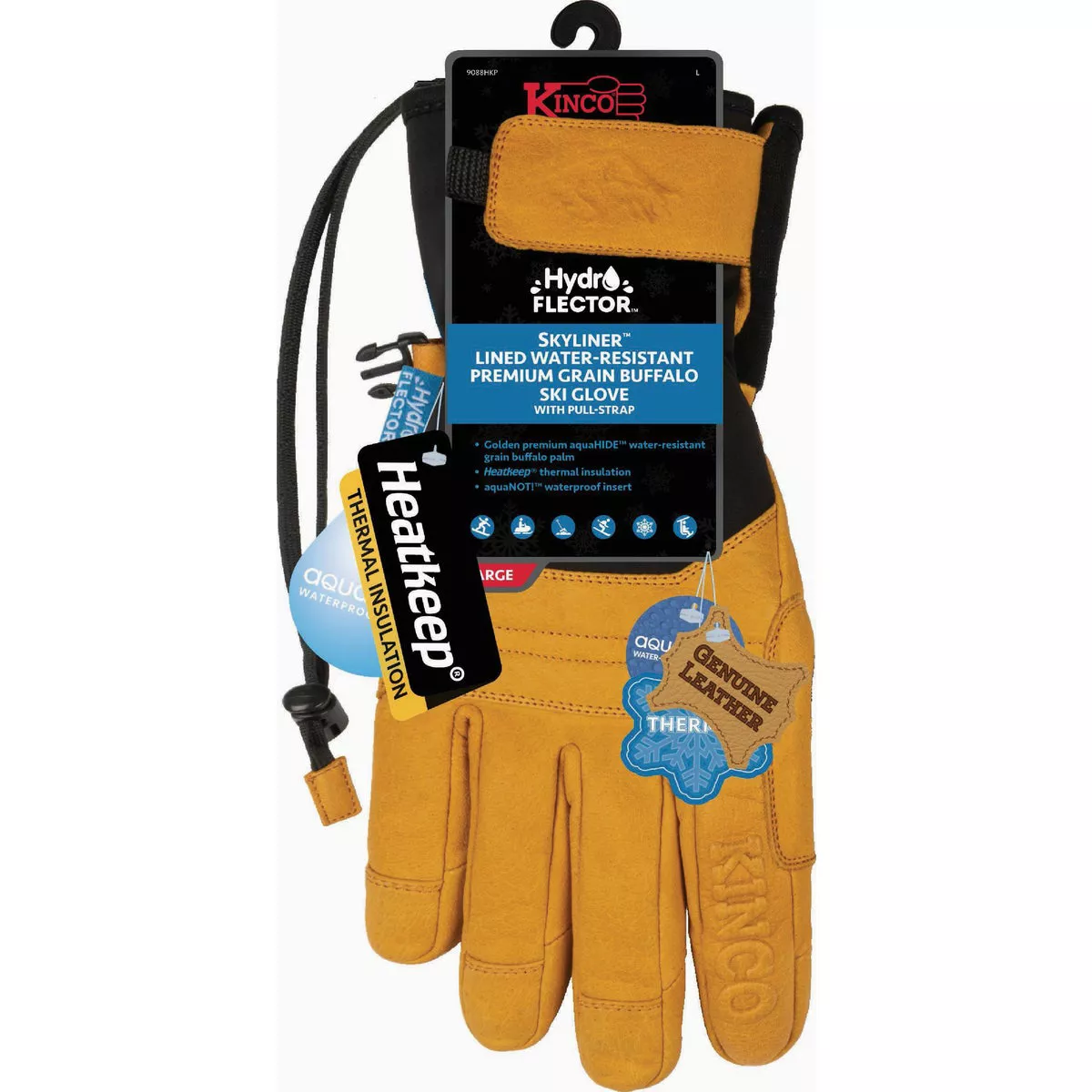 Kinco HydroFlector Skyliner Men's XL Lined Water-Resistant Premium Grain Buffalo Ski Glove with Pull-Strap