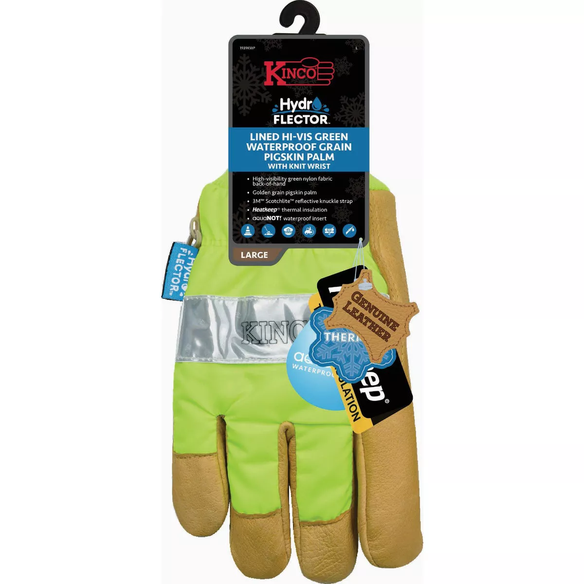 Kinco HydroFlector Men's Large Lined Hi-Vis Green Waterproof Grain Pigskin Palm Glove with Knit Wrist