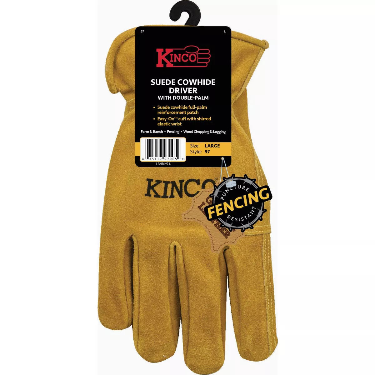 Kinco Men's Large Suede Cowhide Driver Glove with Double-Palm-