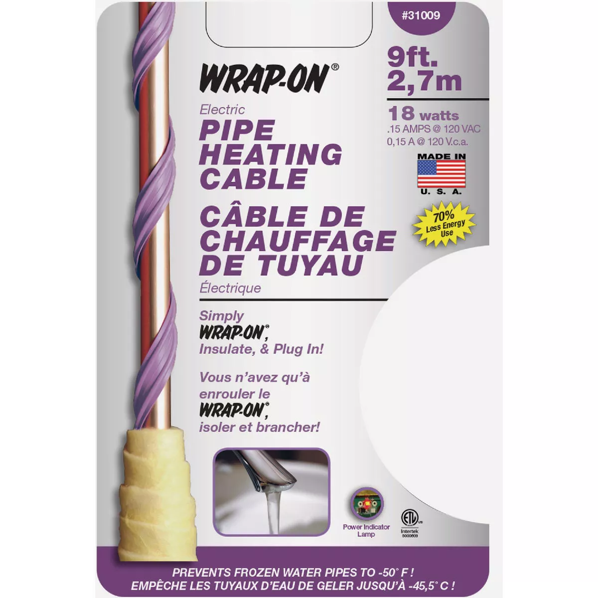 Wrap-On Pipe Heating Cable 9'