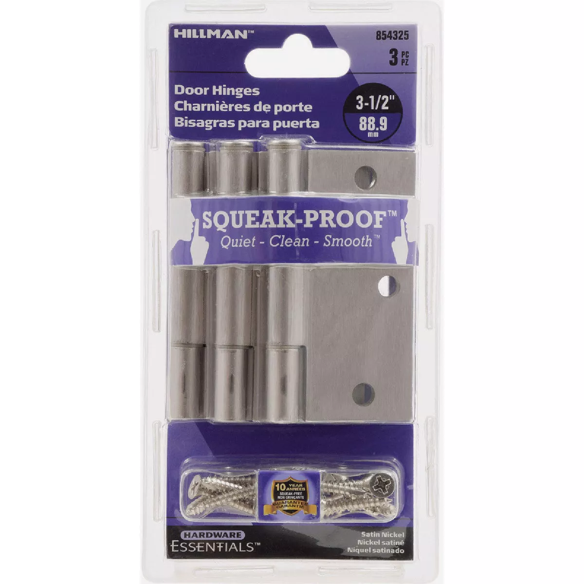 Hardware Essentials Squeak-Proof Square Corner Door Hinge Satin Nickel (3-1/2") 3 Pack