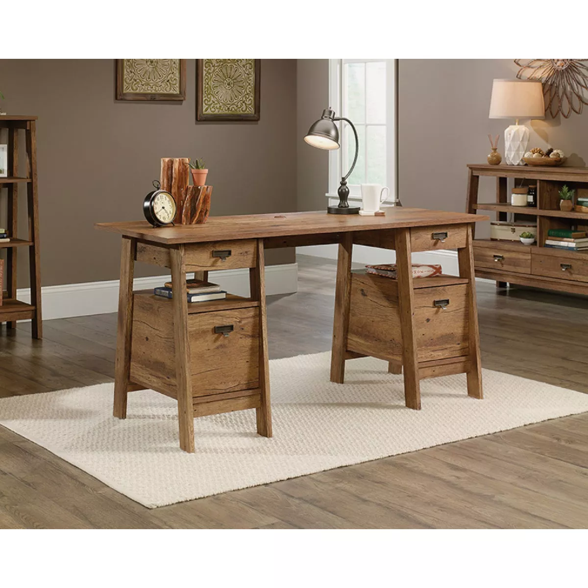 Sauder Trestle Executive Desk, Vintage Oak