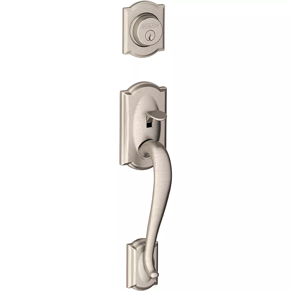 Schlage F Series Camelot Satin Nickel Outside Entry Door Handleset