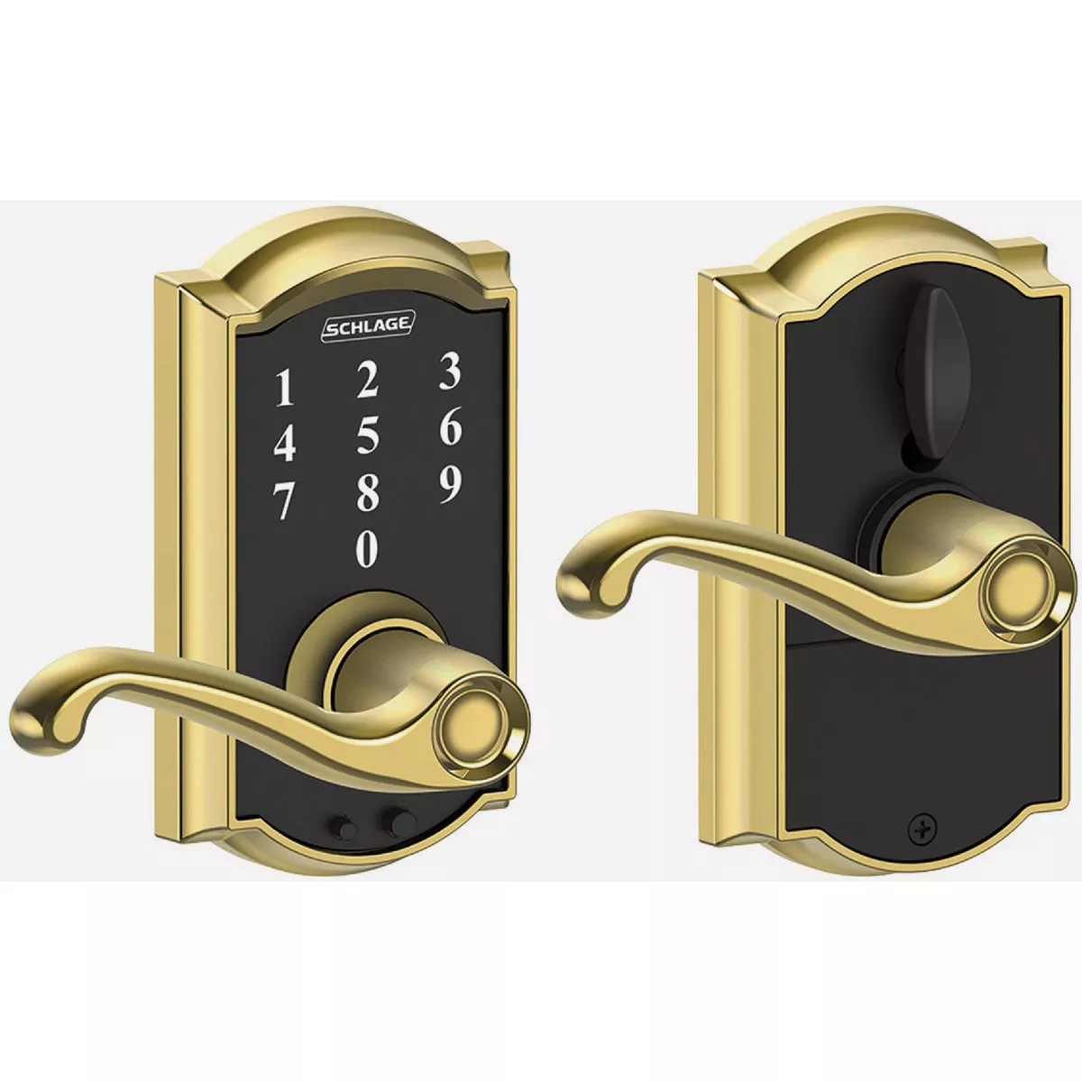 Schlage Camelot Style, Keyless Touchscreen Lever, Flair Lever, 605 Bright Brass Finish