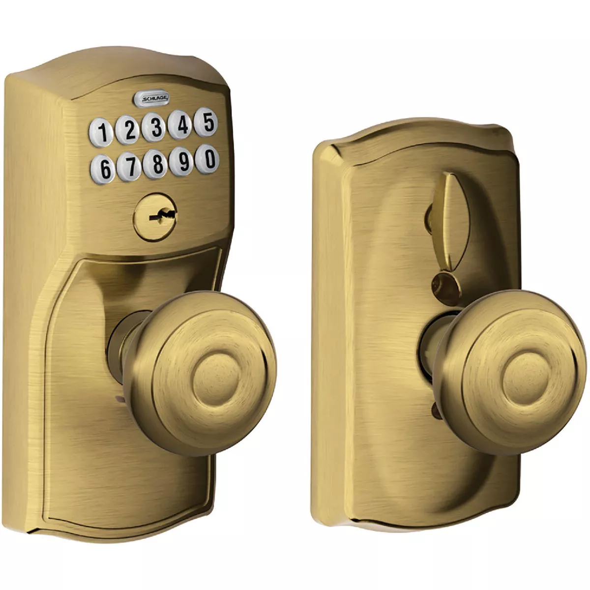 Schlage Camelot Antique Brass Electronic Entry Lock with Georgian Knob