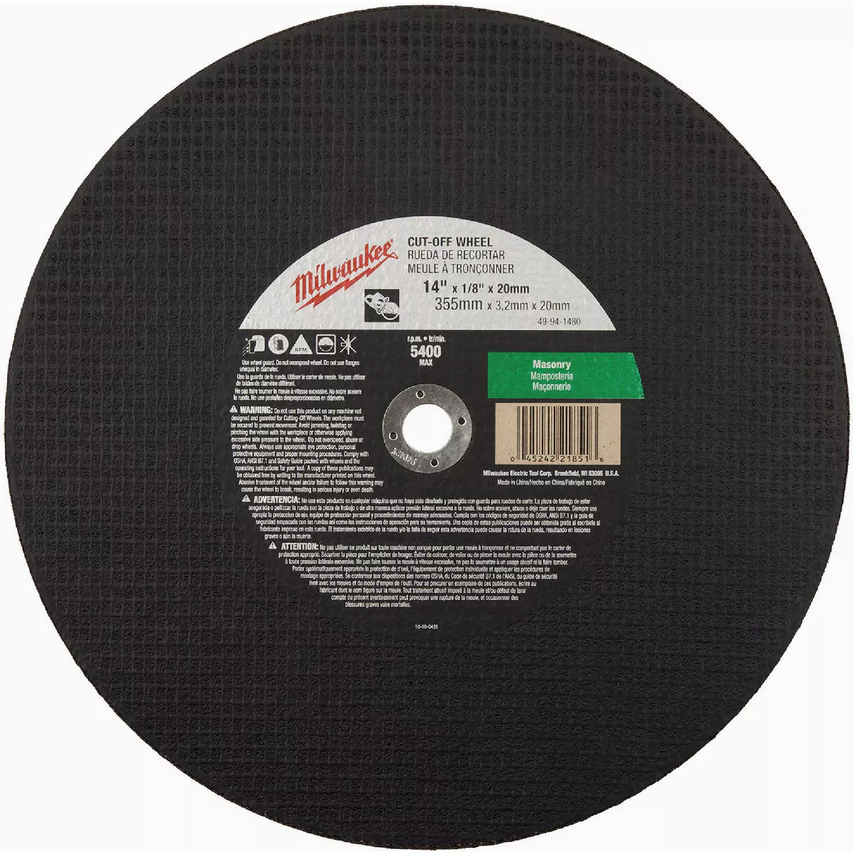 Milwaukee 14 In. x 1/8 In. x 20 mm Masonry Cut-Off Wheel-