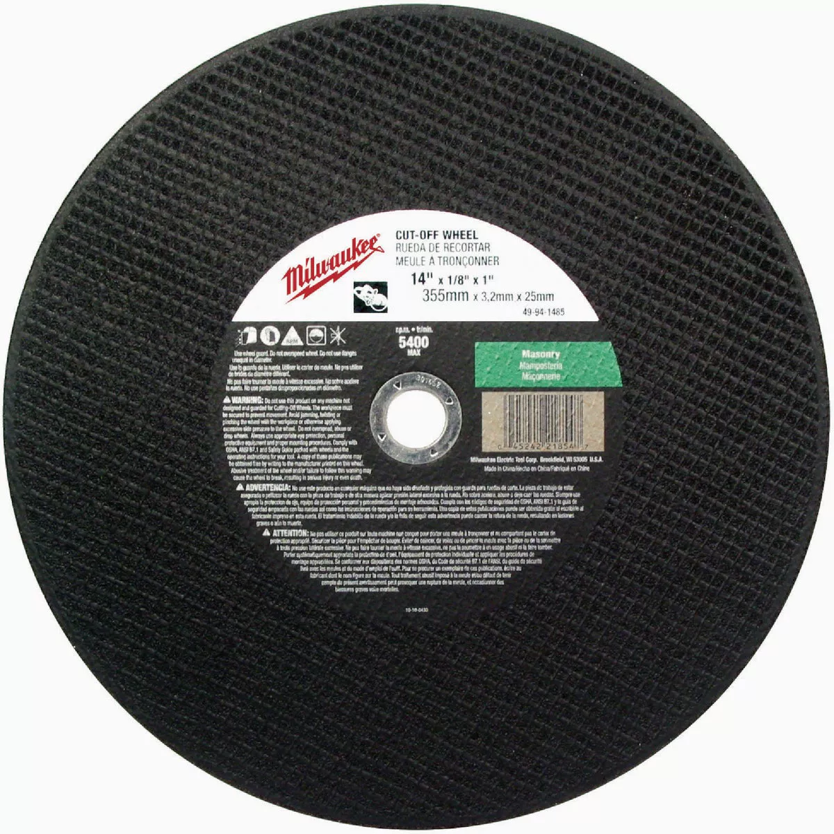 Milwaukee 14 In. x 1/8 In. x 1 In. Grinding Cut-Off Wheel