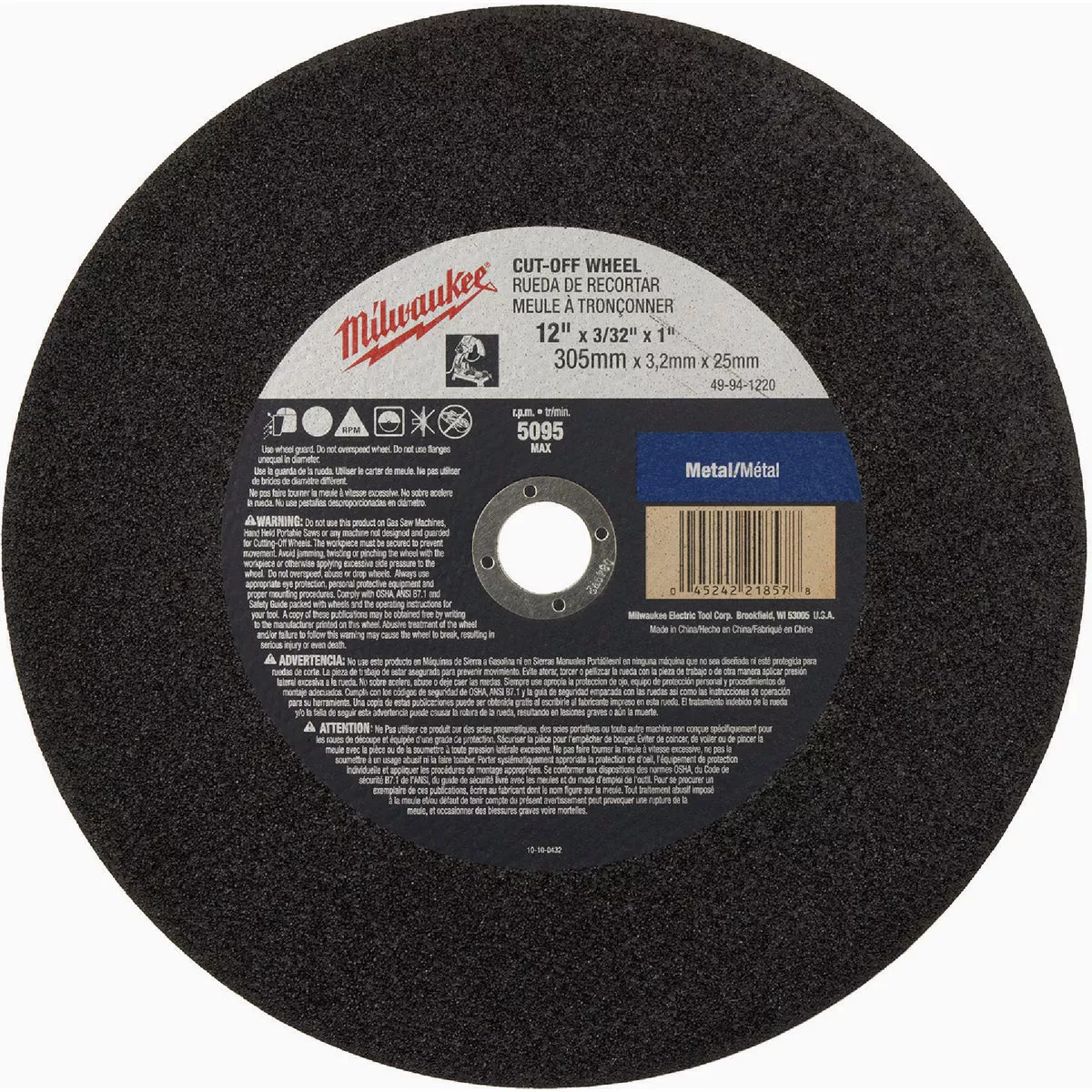 Milwaukee 12 In. x 3/32 In. x 1 In. Grinding Cut-Off Wheel