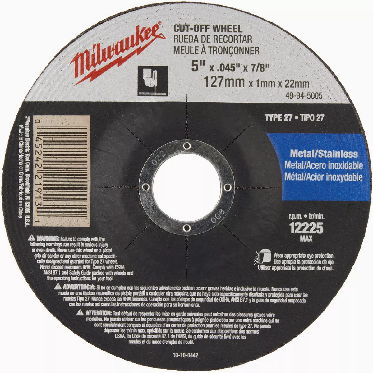 Milwaukee 5 In. x .045 In. x 7/8 In. Metal/Stainless Cut-Off Wheel