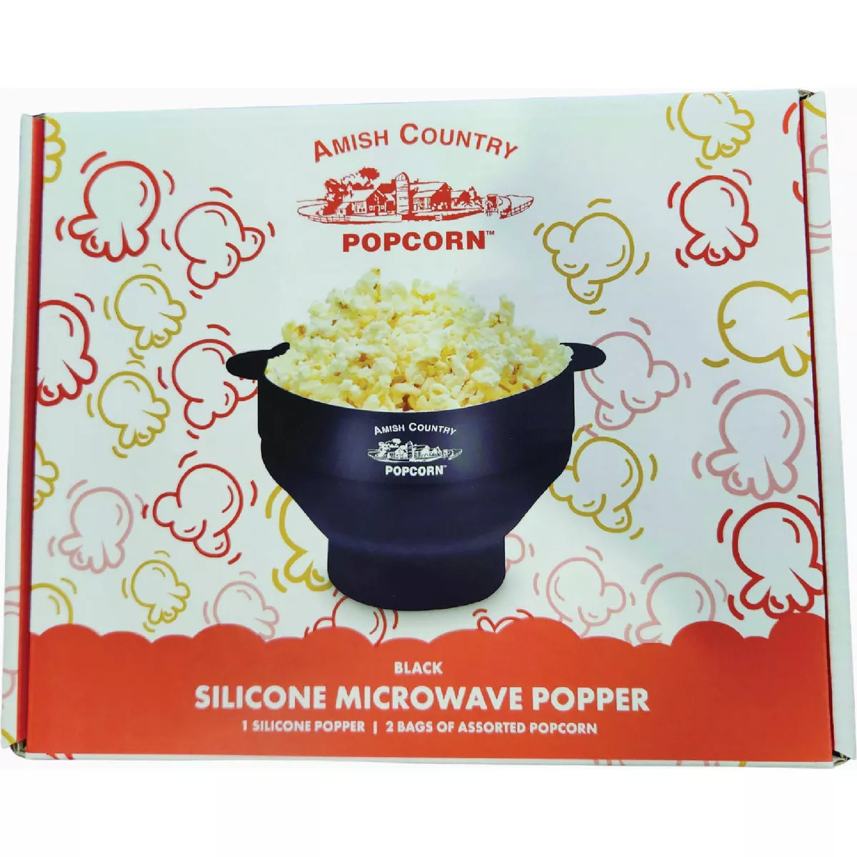 Amish Country Popcorn Black Silicone Microwave Popper with 2 Assorted Bags of Popcorn