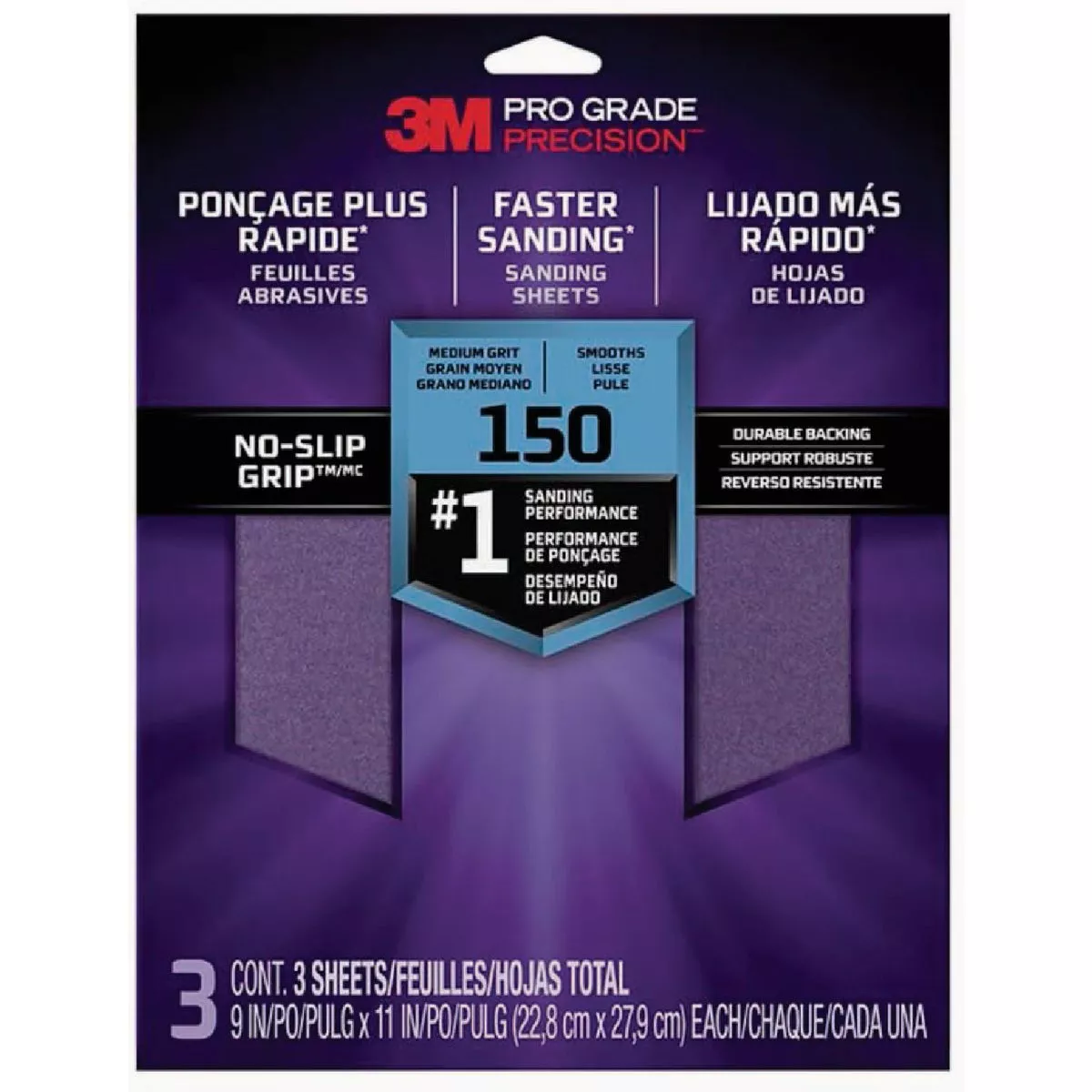 3M Pro Grade 150 Grit No-Slip Grip Sanding Sheets (3-Pack)-