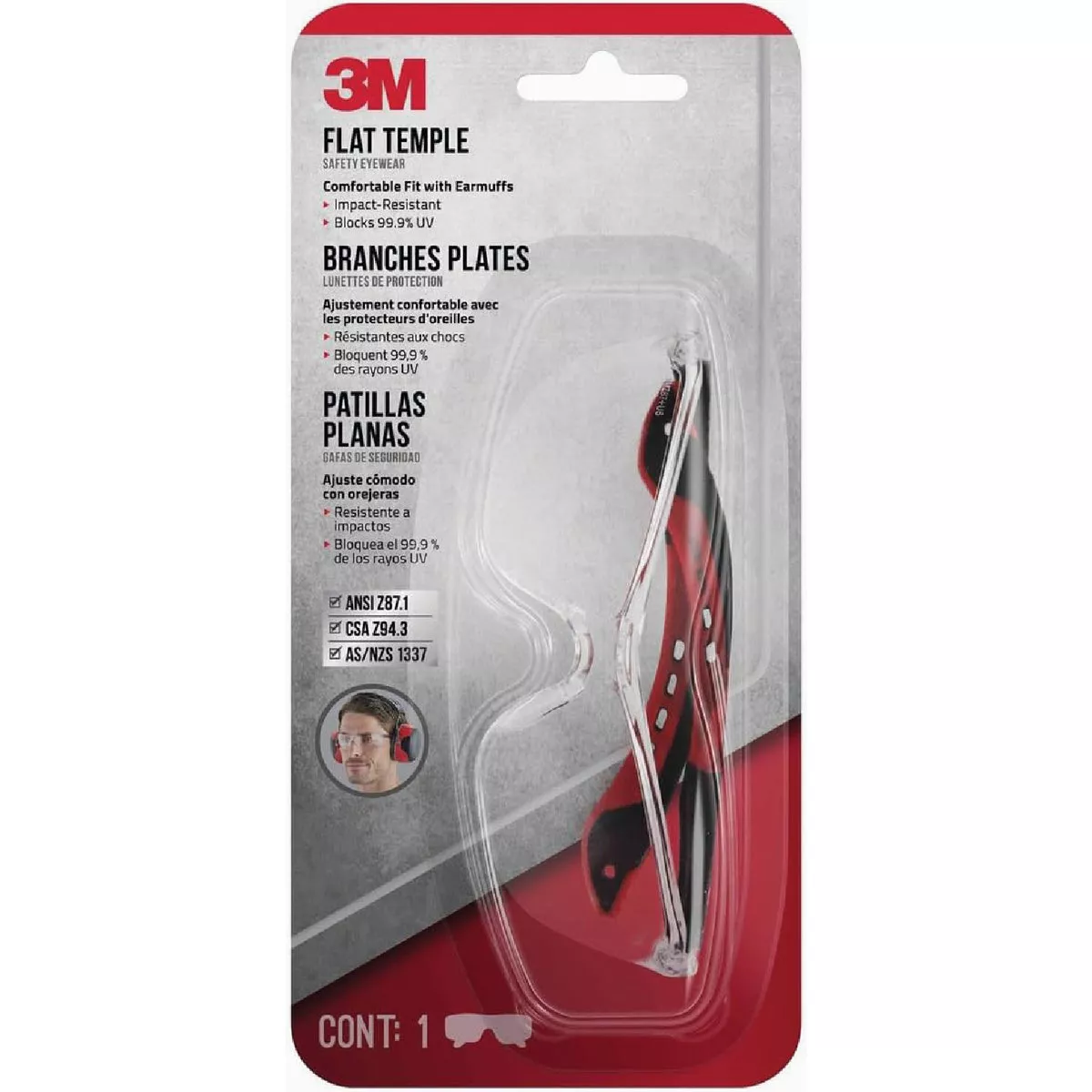 3M Clear Lens Flat Temple Safety Glasses, Black & Red Frame