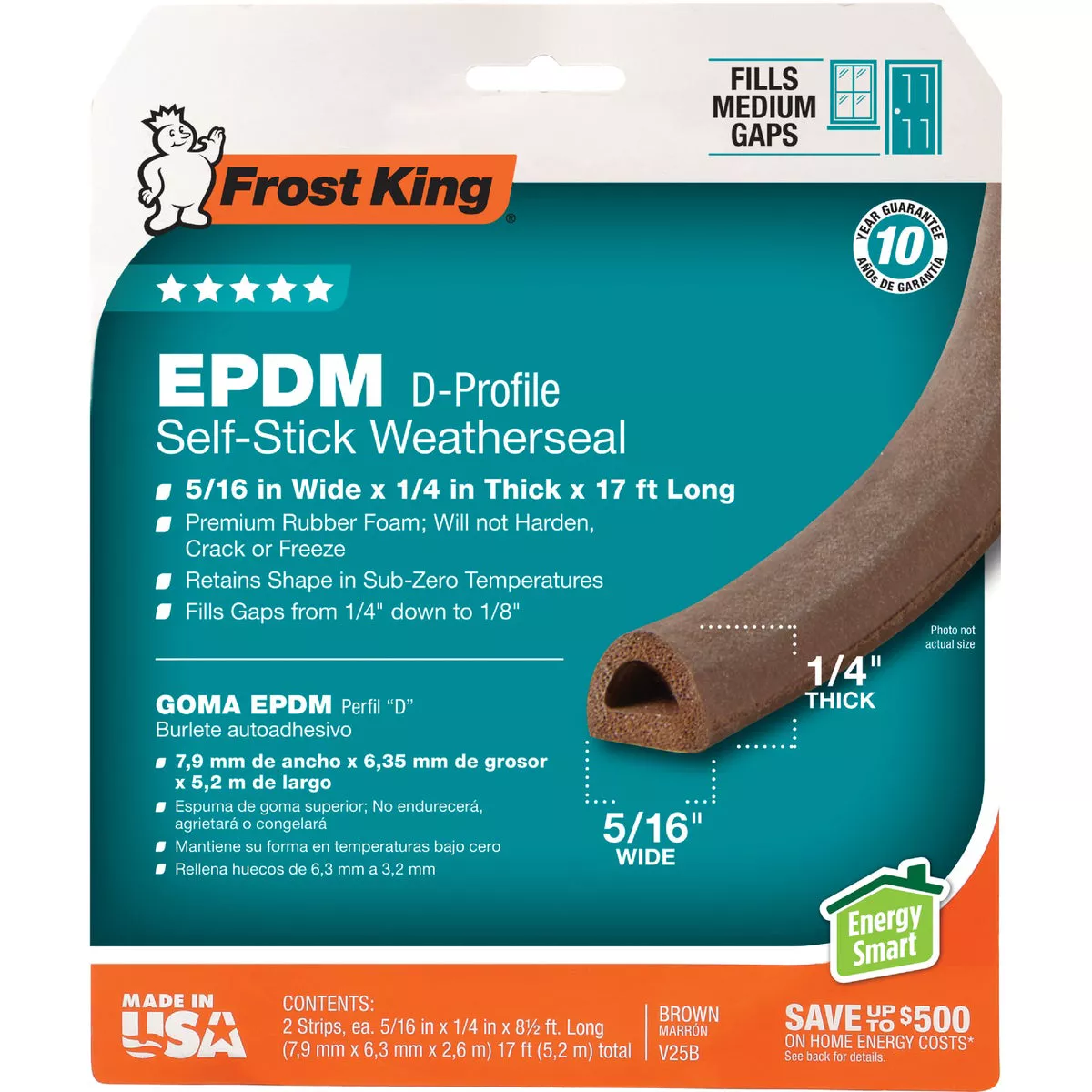 Frost King's 3/8 In. x 1/4 In. x 17 Ft. Brown EPDM D-Section Rubber Weatherseal Tape