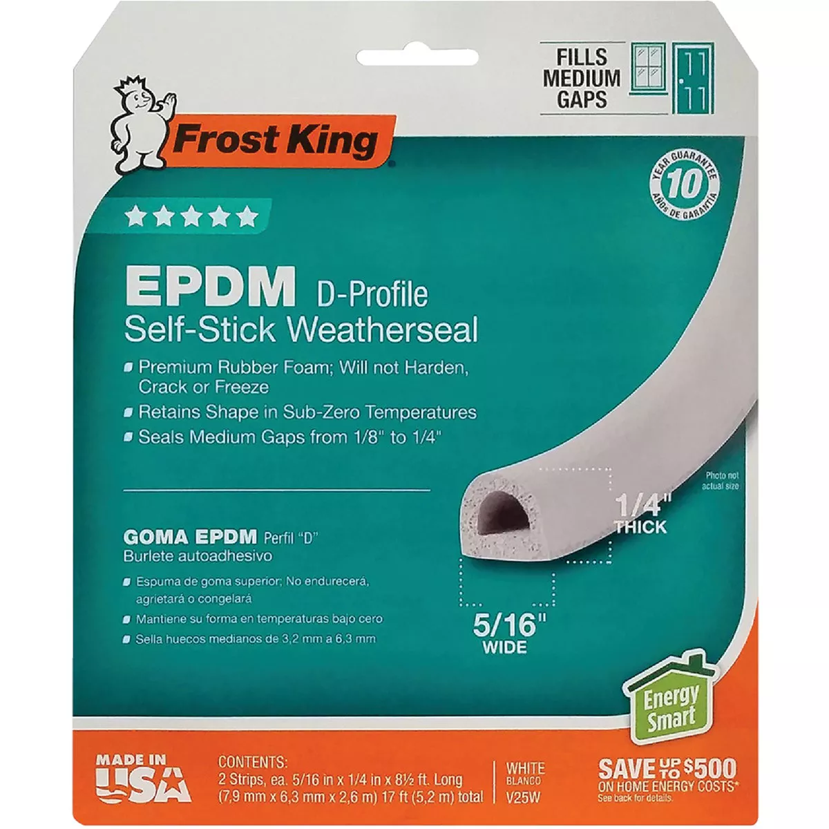 Frost King's 3/8 In. x 1/4 In. x 17 Ft. White EPDM D-Section Rubber Weatherseal Tape