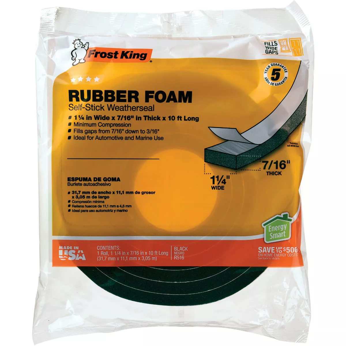 Frost King's 1-1/4 In. x 7/16 In. x 10 Ft. Black Rubber Foam Weatherseal Tape