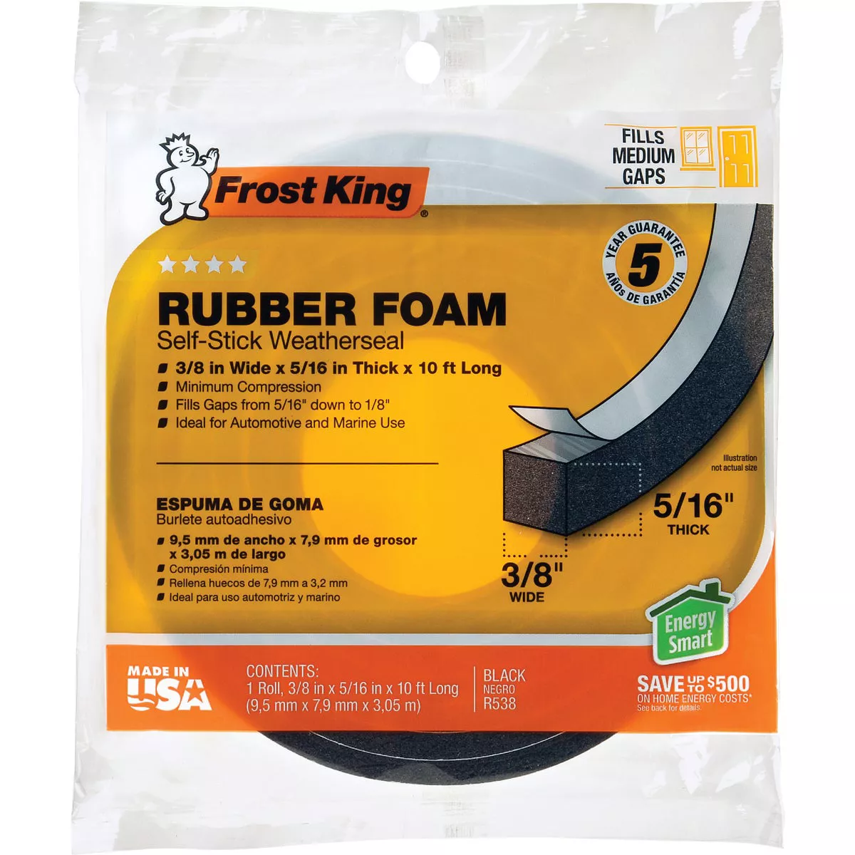 Frost King's 3/8 In. x 5/16 In. x 10 Ft. Black Rubber Foam Weatherseal Tape