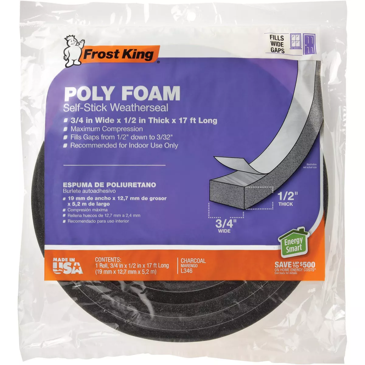 Frost King's 3/4 In. x 1/2 In. x 17 Ft. Charcoal Poly Foam Weatherseal Tape