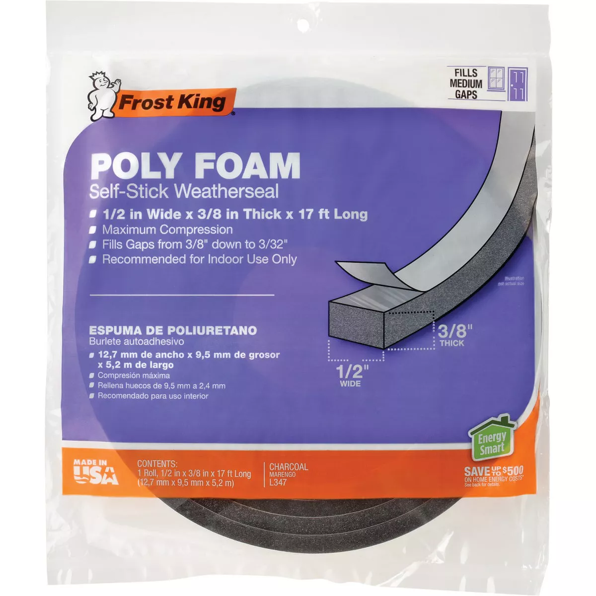 Frost King's 1/2 In. x 3/8 In. x 17 Ft. Charcoal Poly Foam Weatherseal Tape