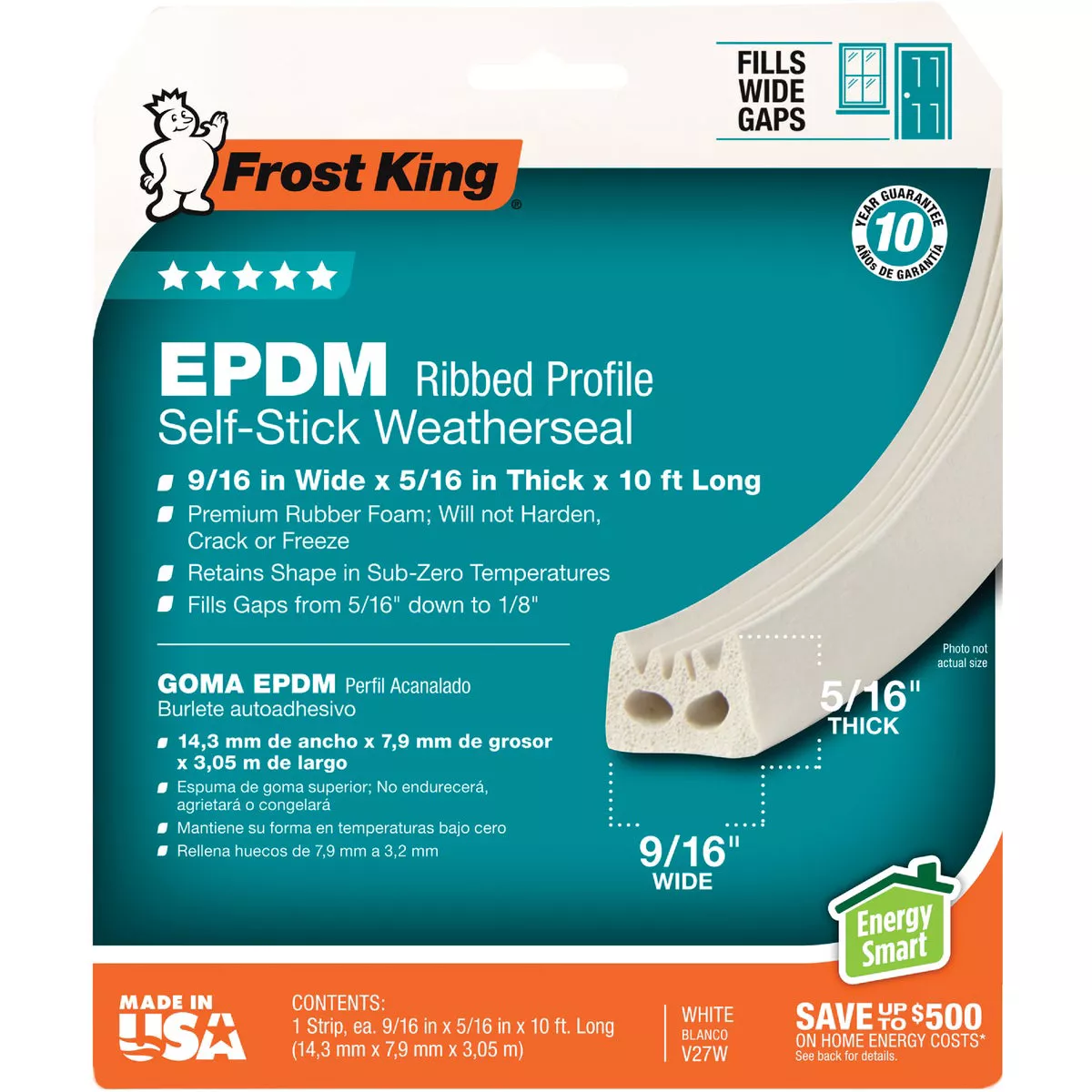 Frost King's 1/2 In. x 5/16 In. x 10 Ft. White EPDM Ribbed Rubber Weatherseal Tape