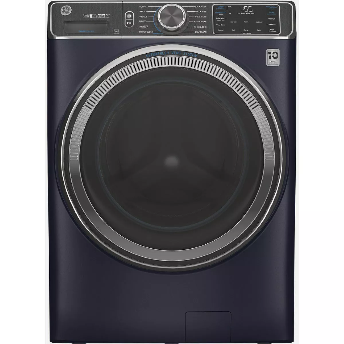 GE 5.0 Cu. Ft. Smart Front Load Steam Washer with SmartDispense UltraFresh Vent System with OdorBlock & Sanitize + Allergen, Sapphire Blue