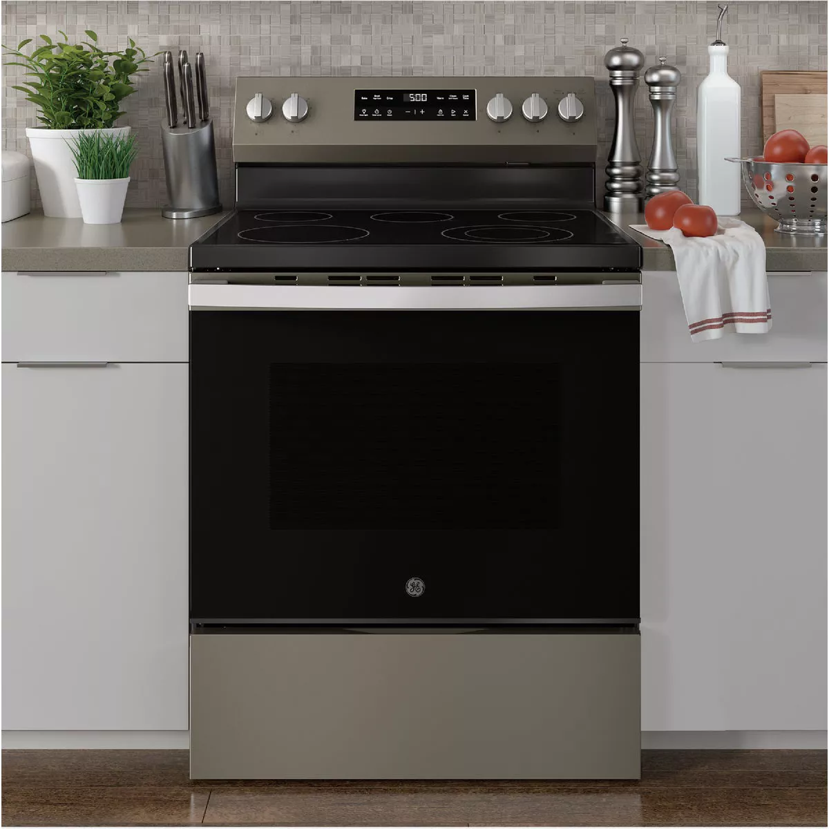 GE 30 In. 5.3 Cu. Ft. 5 Burner Free-Standing Electric Range, Slate with Stainless Steel Handle - photo 2