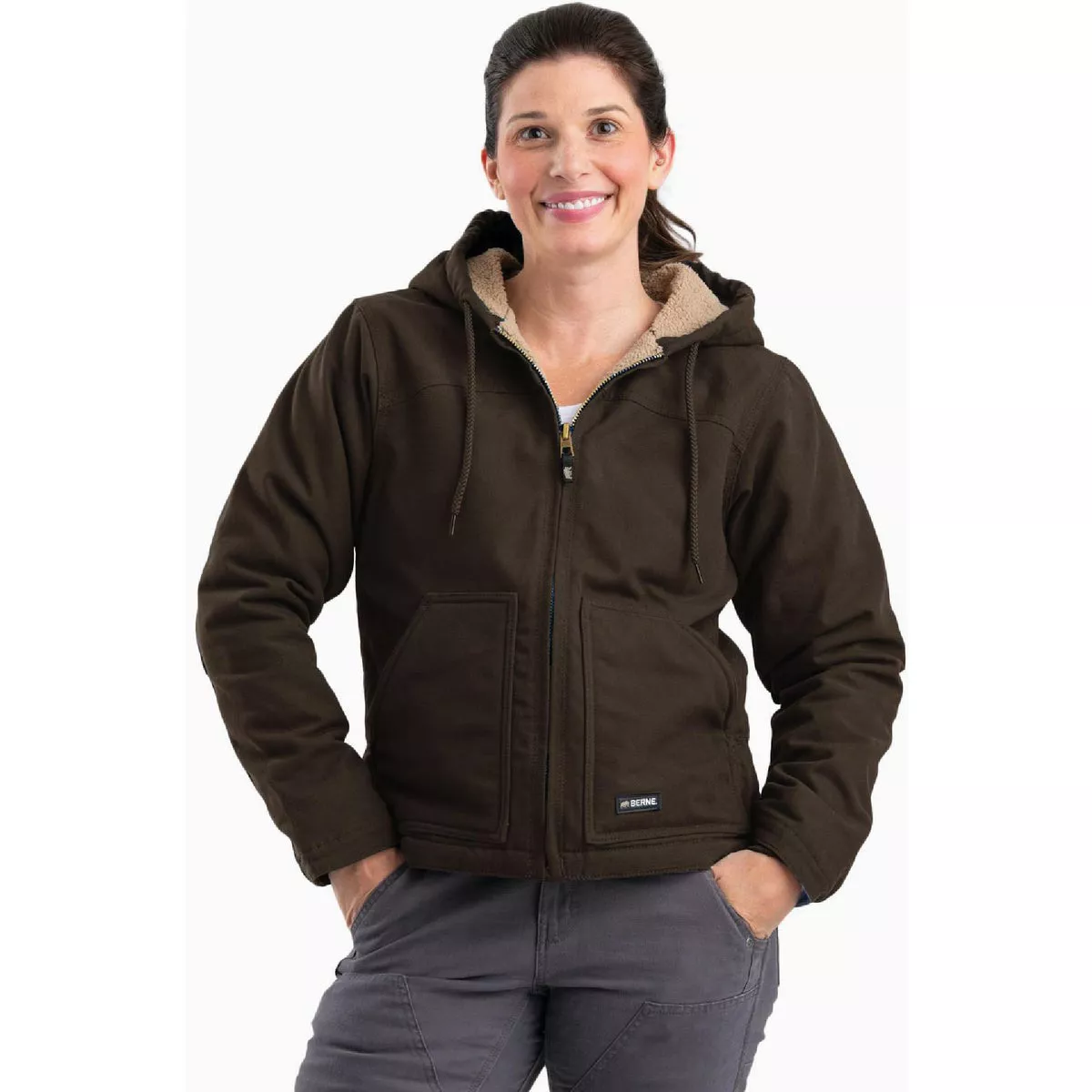 Berne Women's Medium Tall Dark Brown Sherpa-Lined Softstone Duck Hooded Jacket