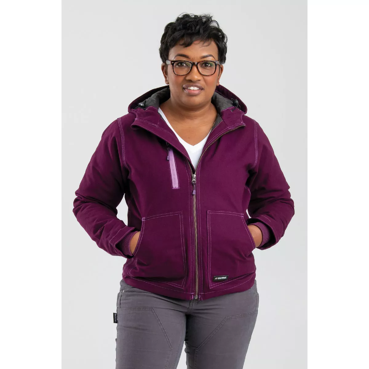 Berne Women's Large Tall Plum Sherpa-Lined Softstone Duck Hooded Jacket