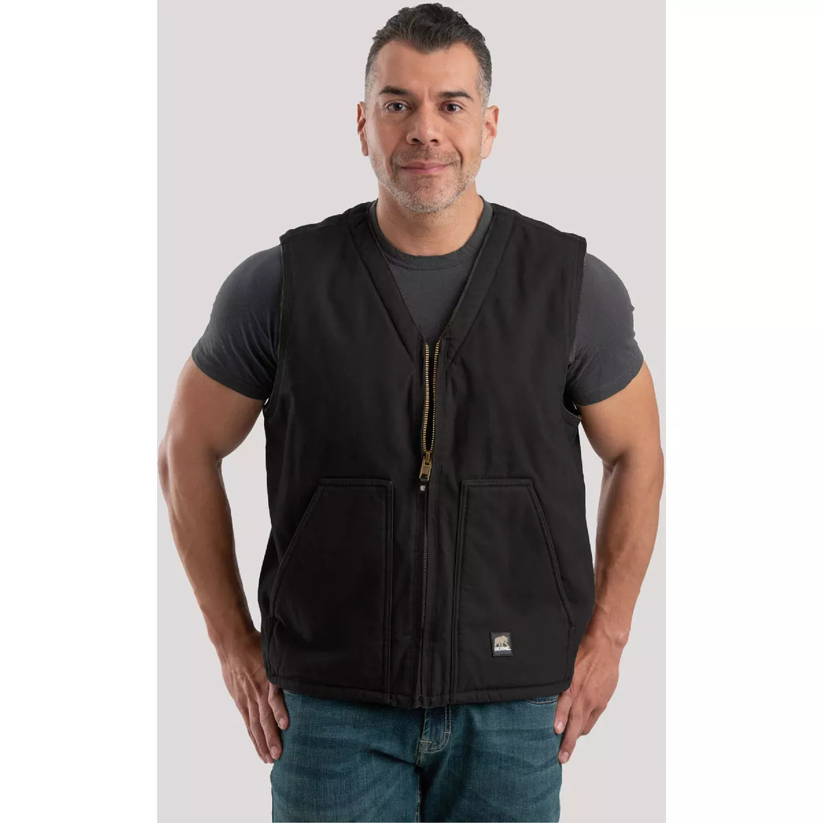 Berne Men's Medium Black Sherpa-Lined Duck Vest