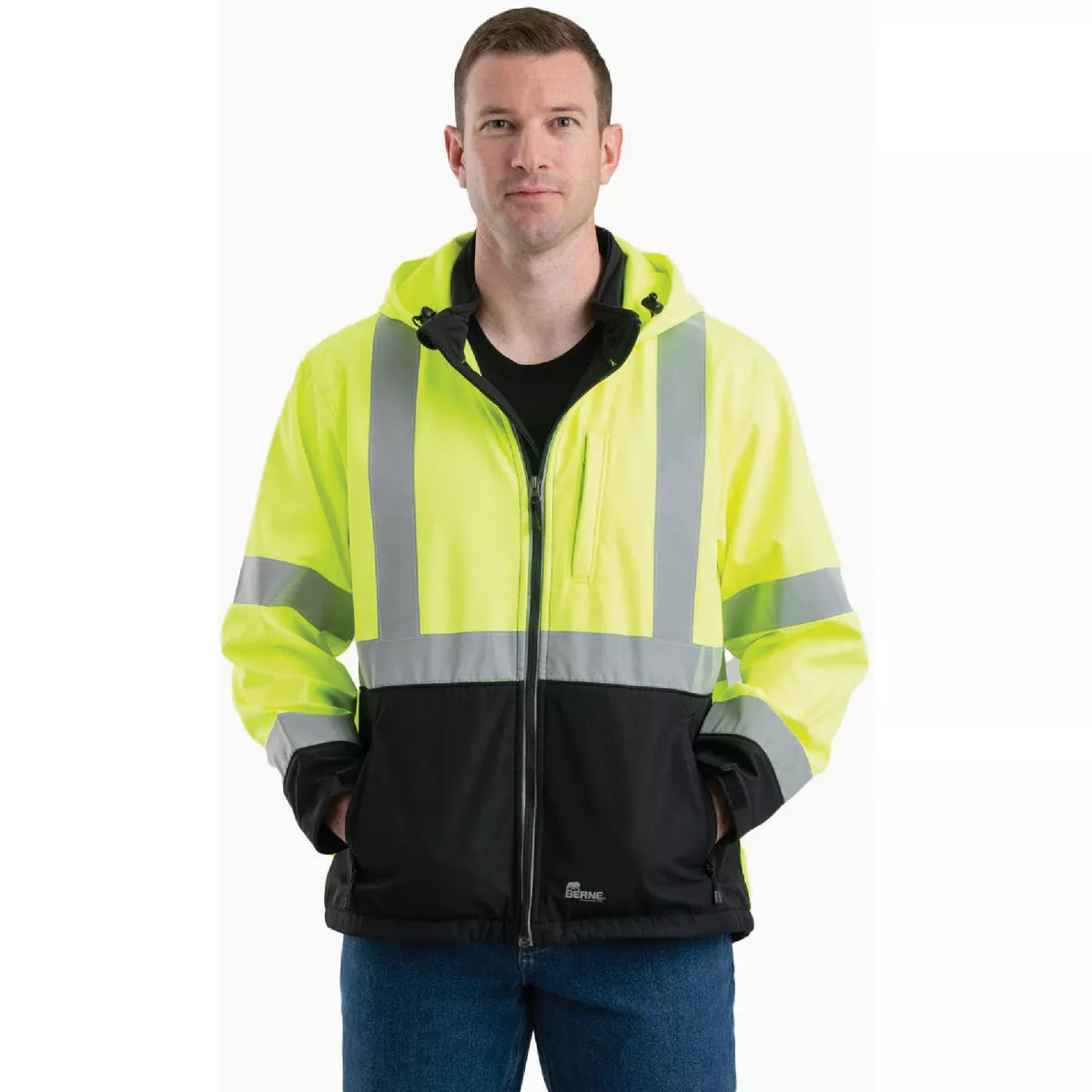 Berne Men's Large Regular Yellow Hi-Vis Class 3 Hooded Softshell Jacket