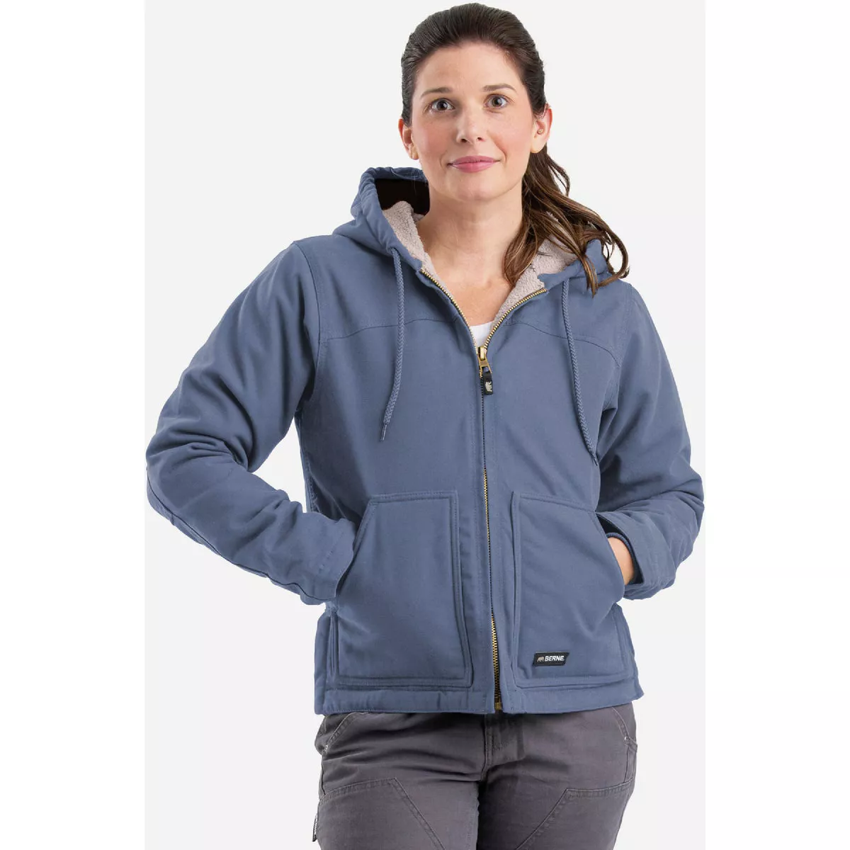 Berne Women's Medium Steel Blue Sherpa-Lined Softstone Duck Hooded Jacket