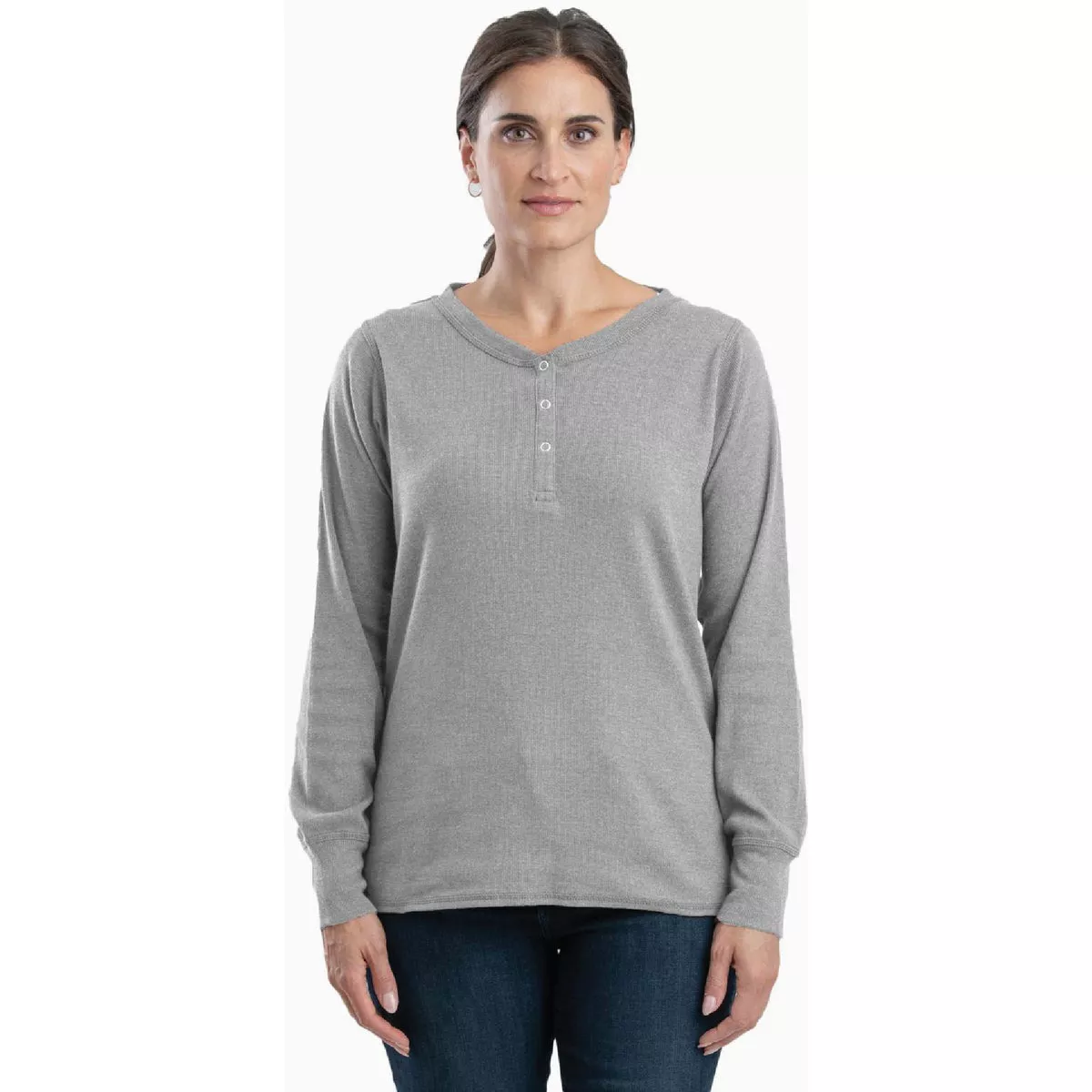 Berne Women's Large Regular Grey Heavyweight Rib-Knit Long Sleeve Henley