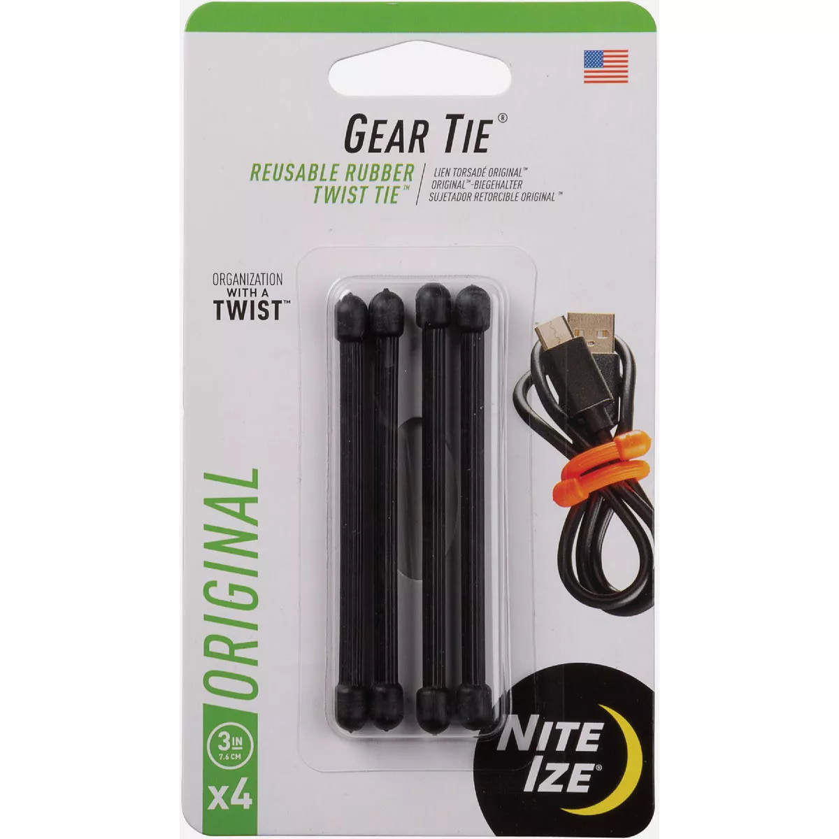 Nite Ize Gear Tie Reusable Rubber Twist Tie 3 in. - 4 Pack - Black