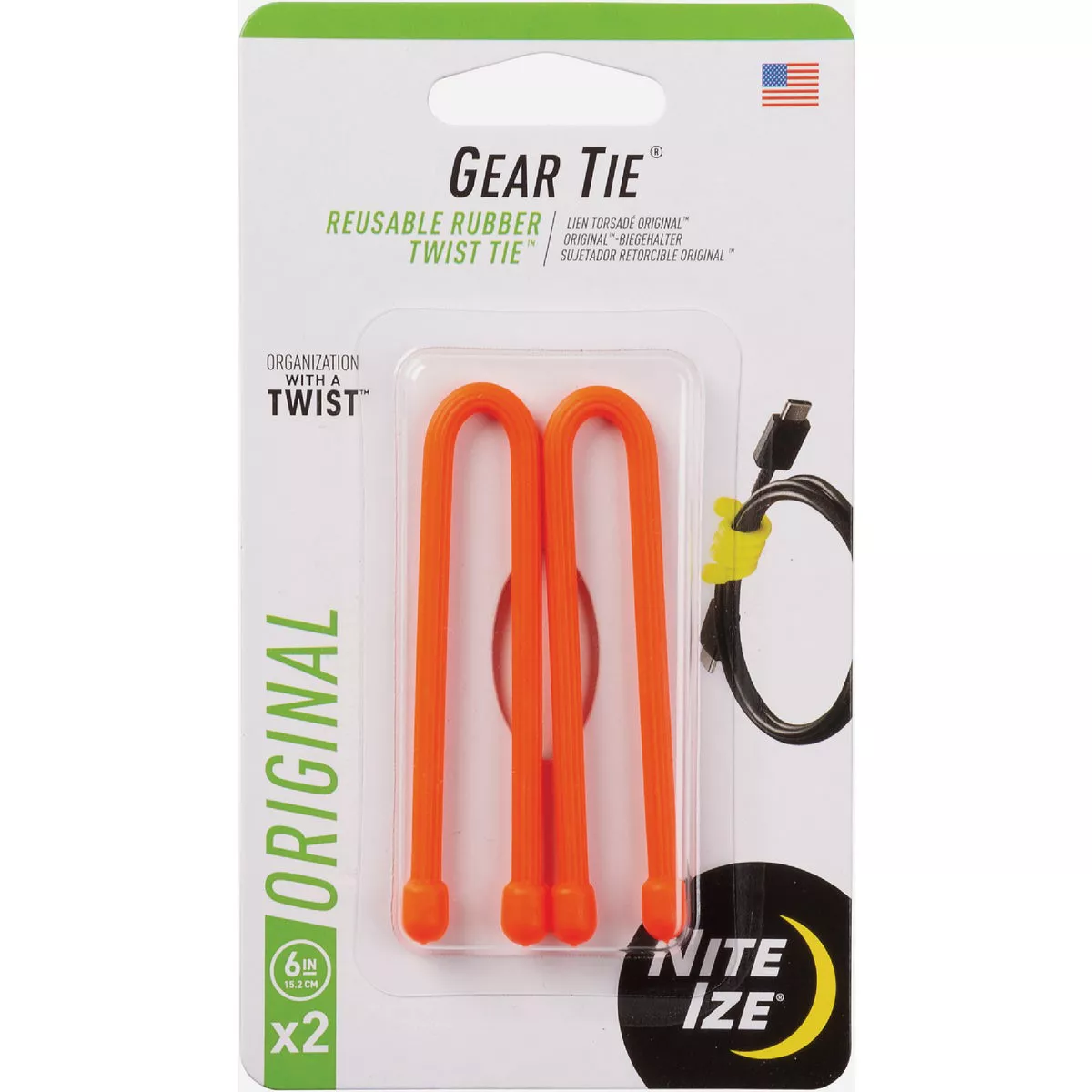 Nite Ize Gear Tie Reusable Rubber Twist Tie 6 in. - 2 Pack - Bright Orange