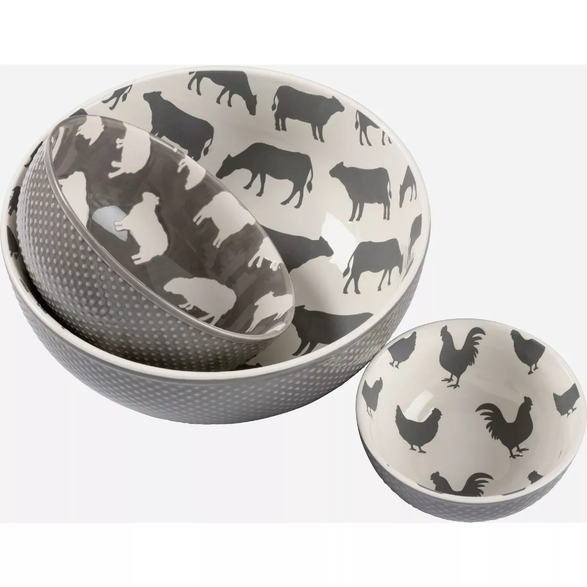 Primitives by Kathy Gray & White Farm Animal Bowl Set 3 Piece