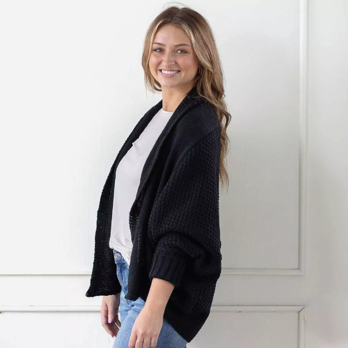 The Royal Standard One Size Black Open Knitted Cardigan-