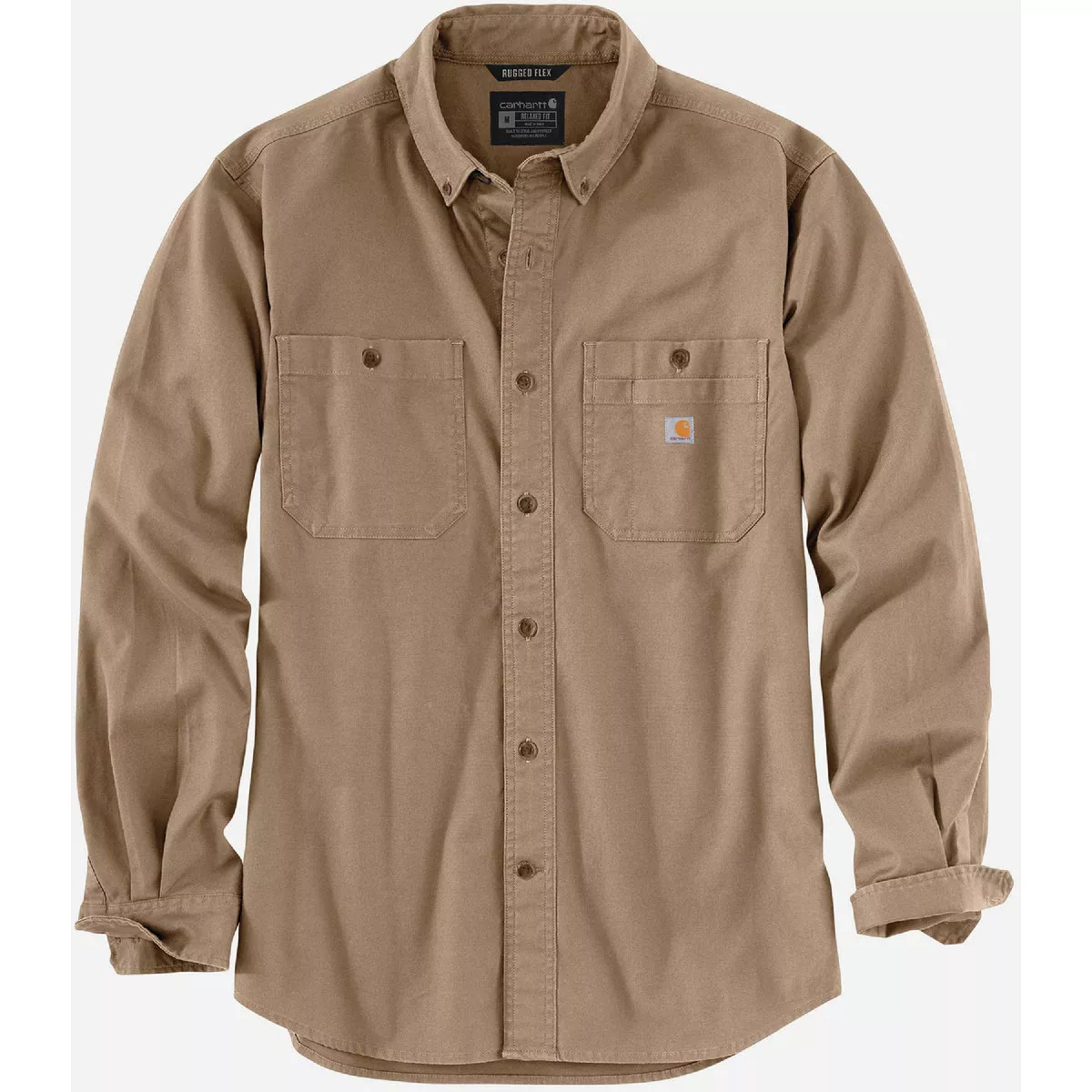 Carhartt Rugged Flex Men's Medium Regular Dark Khaki Long Sleeve Canvas Button Down Shirt, Relaxed Fit