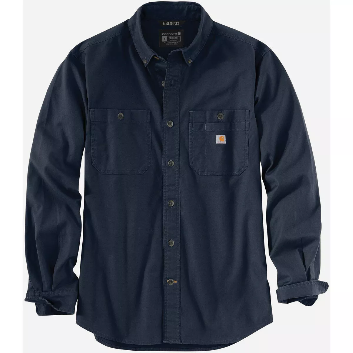 Carhartt Rugged Flex Men's Large Tall Navy Long Sleeve Canvas Button Down Shirt, Relaxed Fit