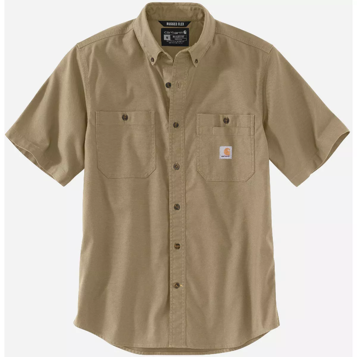 Carhartt Rugged Flex Men's Small Regular Dark Khaki Canvas Short Sleeve Button Down Shirt, Relaxed Fit