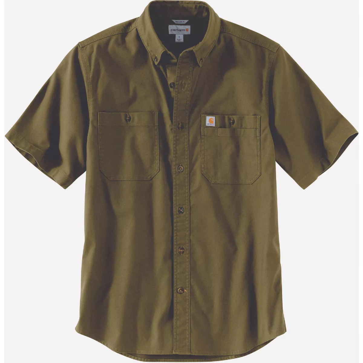 Carhartt Rugged Flex Men's Medium Regular Military Olive Canvas Short Sleeve Button Down Shirt, Relaxed Fit