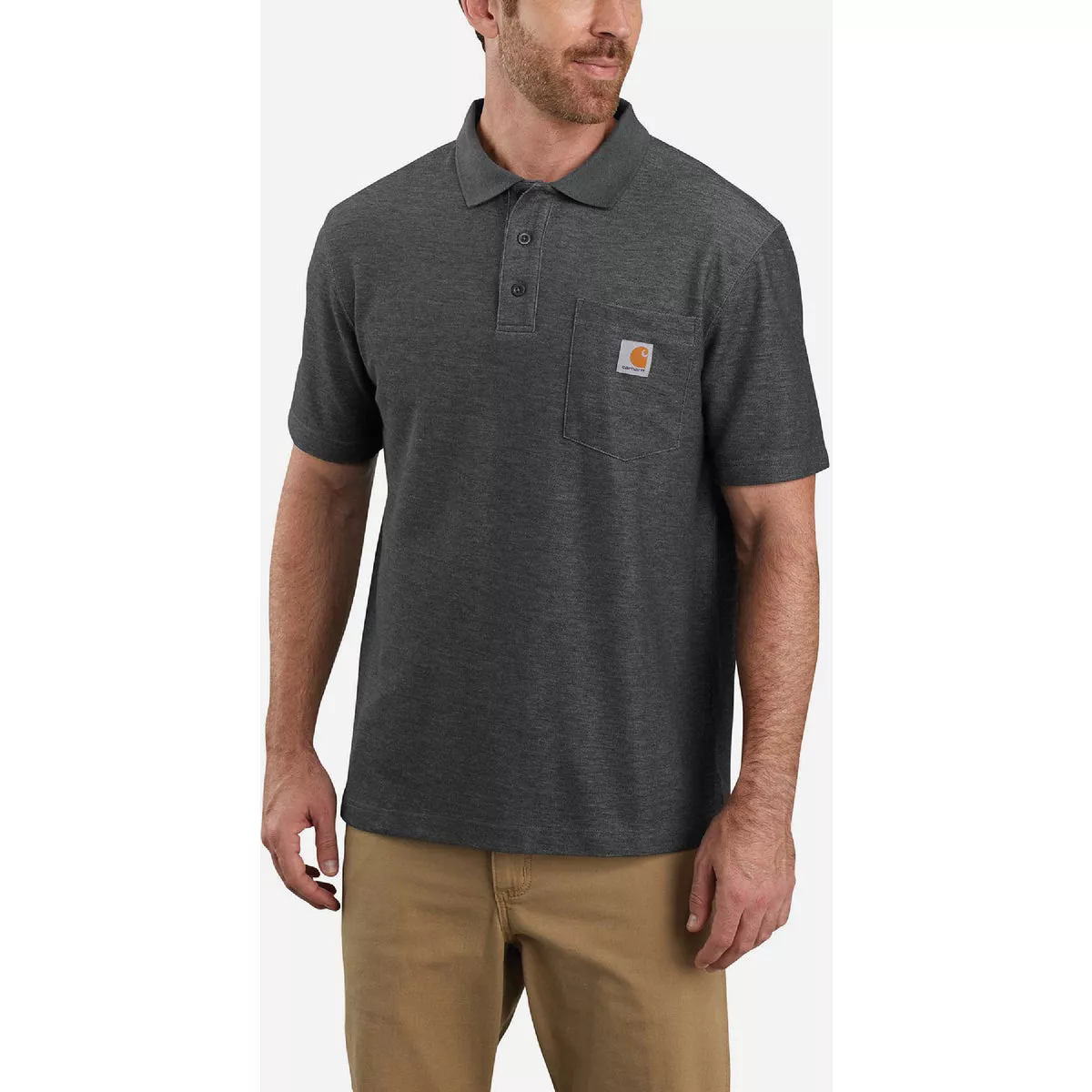 Carhartt Men's XL Regular Carbon Heather Short Sleeve Midweight Pocket Polo, Loose Fit