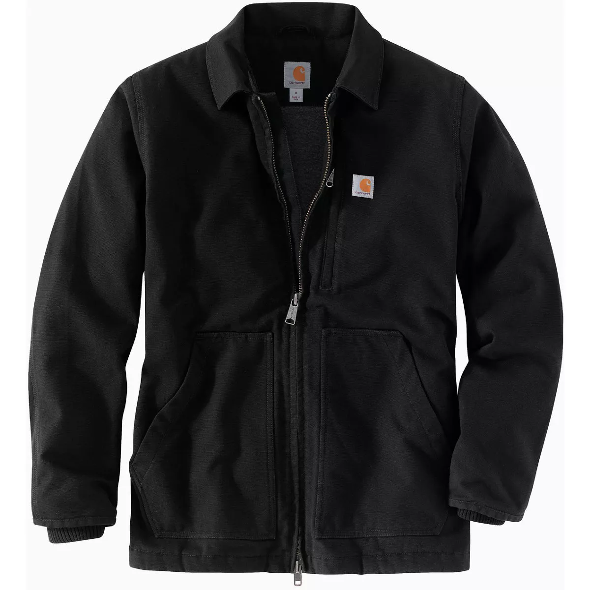 Carhartt Men's Large Tall Black Washed Duck Sherpa-Lined Coat, Loose Fit