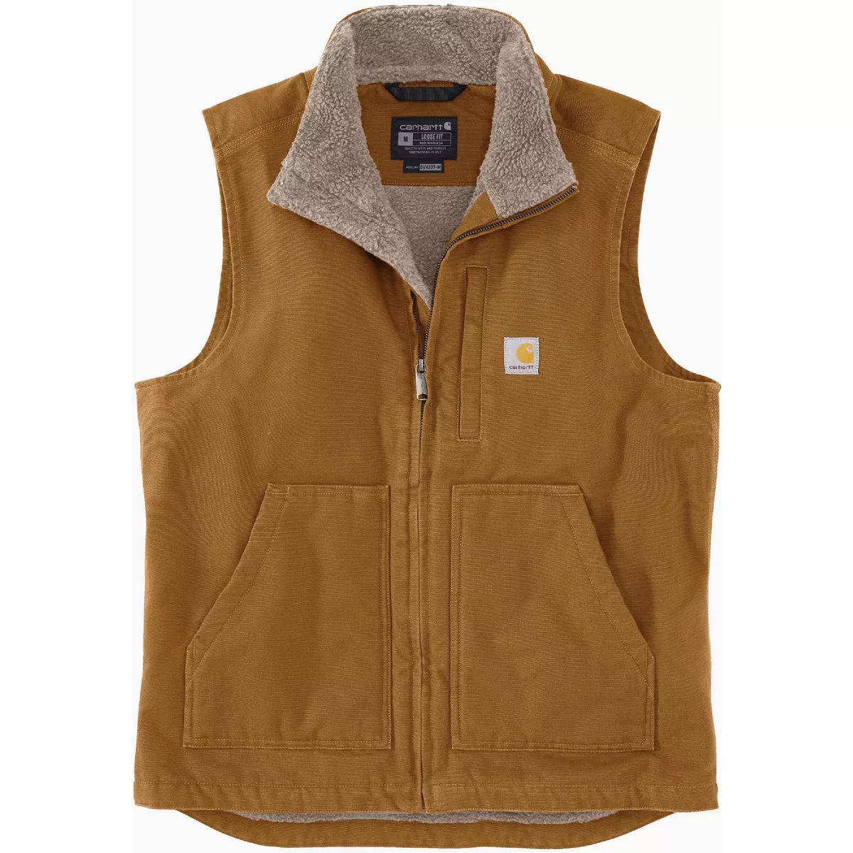 Carhartt Men's XL Regular Brown Washed Duck Sherpa-Lined Mock-Neck Vest, Loose Fit