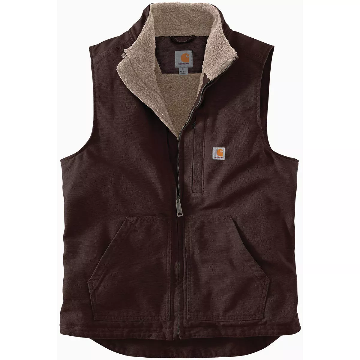 Carhartt Men's 2XL Regular Dark Brown Washed Duck Sherpa-Lined Mock-Neck Vest, Loose Fit