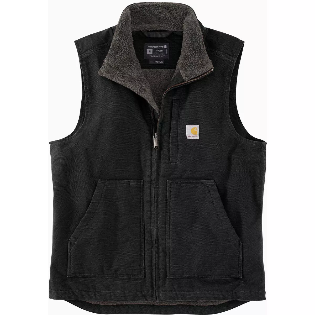 Carhartt Men's Small Regular Black Washed Duck Sherpa-Lined Mock-Neck Vest, Loose Fit