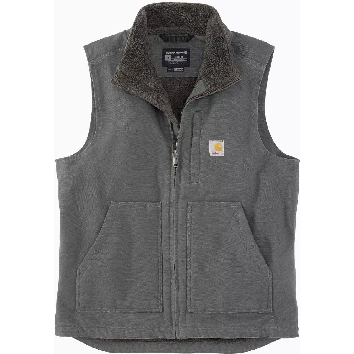 Carhartt Men's Medium Regular Gravel Washed Duck Sherpa-Lined Mock-Neck Vest, Loose Fit