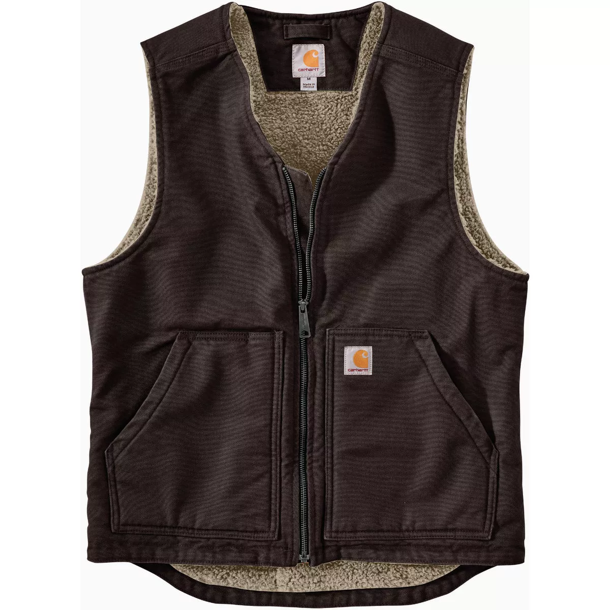 Carhartt Men's XL Tall Dark Brown Washed Duck Sherpa-Lined Vest, Relaxed Fit