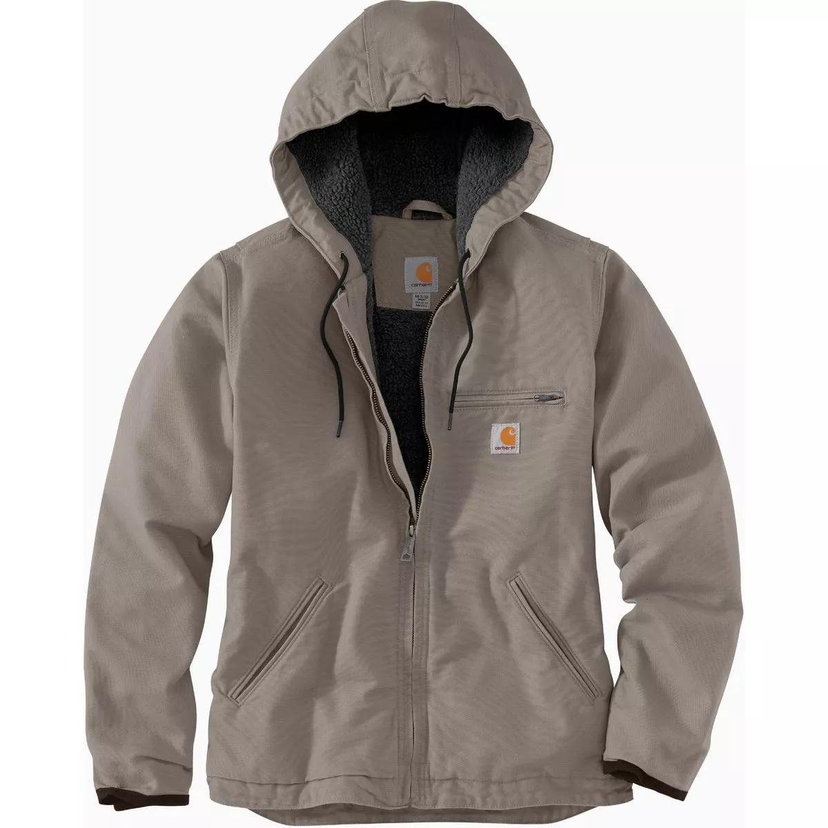 Carhartt Women's Small Regular Taupe Gray Washed Duck Sherpa-Lined Jacket, Loose Fit