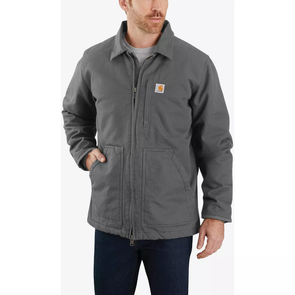 Carhartt Men's XL Regular Gravel Washed Duck Sherpa-Lined Coat, Loose Fit