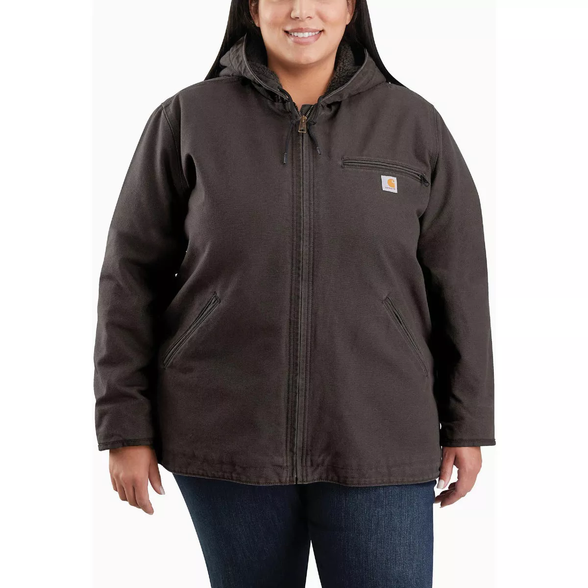 Carhartt Women's 1X Regular Dark Brown Washed Duck Sherpa-Lined Jacket, Loose Fit